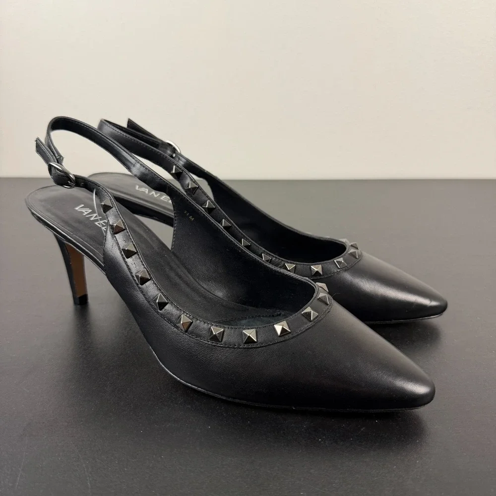Vaneli Slingback Kitten Heels Womens 11M Black Leather Rockstud Pointed Toe Fun